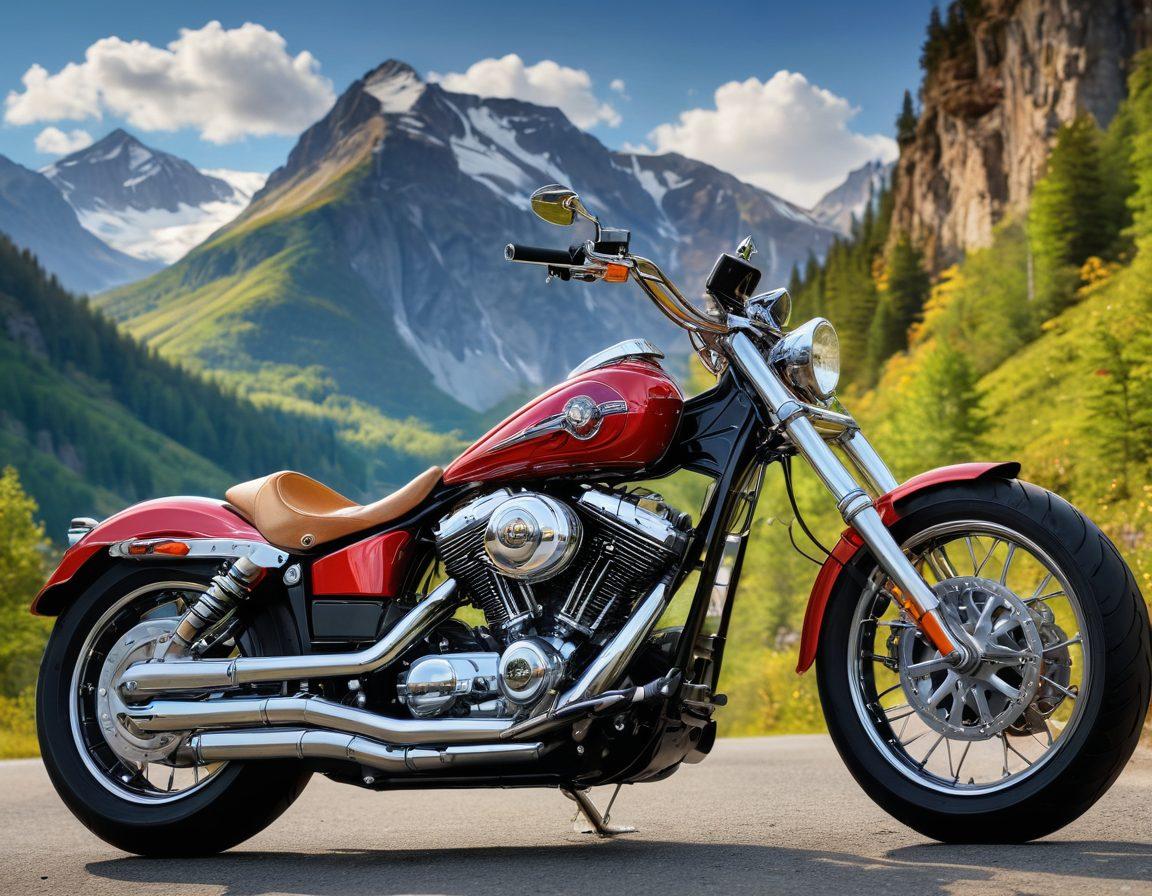 A captivating scene featuring a diverse group of motorcycle enthusiasts gathered around a selection of various bike models, showcasing their unique designs and colors. The backdrop includes a picturesque landscape with mountains and open roads, representing freedom and adventure. Include close-up details of bike parts that highlight craftsmanship. The atmosphere is vibrant and filled with excitement, embodying the spirit of biking culture. super-realistic. vibrant colors. outdoor setting.