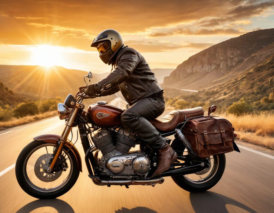 A dynamic scene depicting a rugged biker on a powerful motorcycle cruising along a scenic highway, adorned with essential gear like a leather jacket and protective gloves. Surrounding them are stylish accessories like helmets, goggles, and saddlebags. The sun sets in the background, casting a golden glow over the landscape and emphasizing the thrill of the ride. The atmosphere is adventurous and energetic, showcasing the ultimate biker lifestyle. vibrant colors. super-realistic.