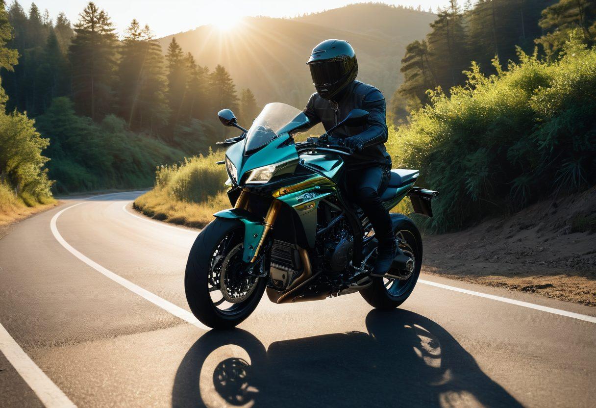 An intricately designed motorcycle on a winding road surrounded by lush landscapes, with a soft golden light highlighting the details of the bike. Overlayed are subtle illustrations of key evaluation metrics and ratings, such as speed, safety, and comfort, in a modern font. A silhouette of a rider in a helmet pondering over evaluations adds depth to the scene. Energetic and adventurous atmosphere. super-realistic. vibrant colors. 3D.